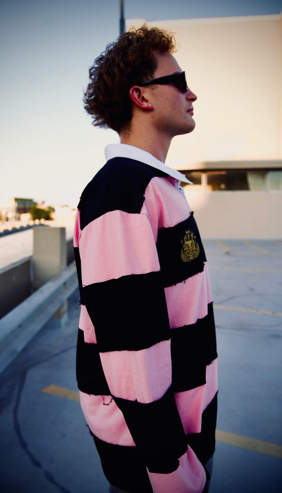 GÍRÁN “Blush Rebellion” Distressed Rugby Long-sleeve Polo