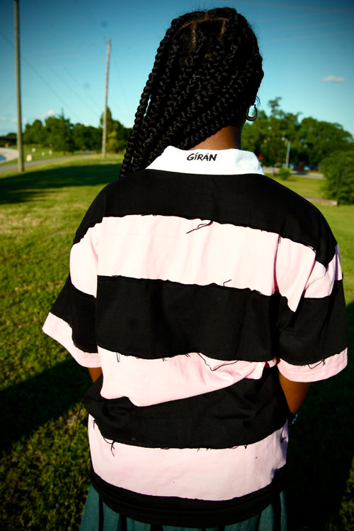 GÍRÁN Shortsleeved “Blush Rebellion” Distressed Rugby Short-sleeve Polo
