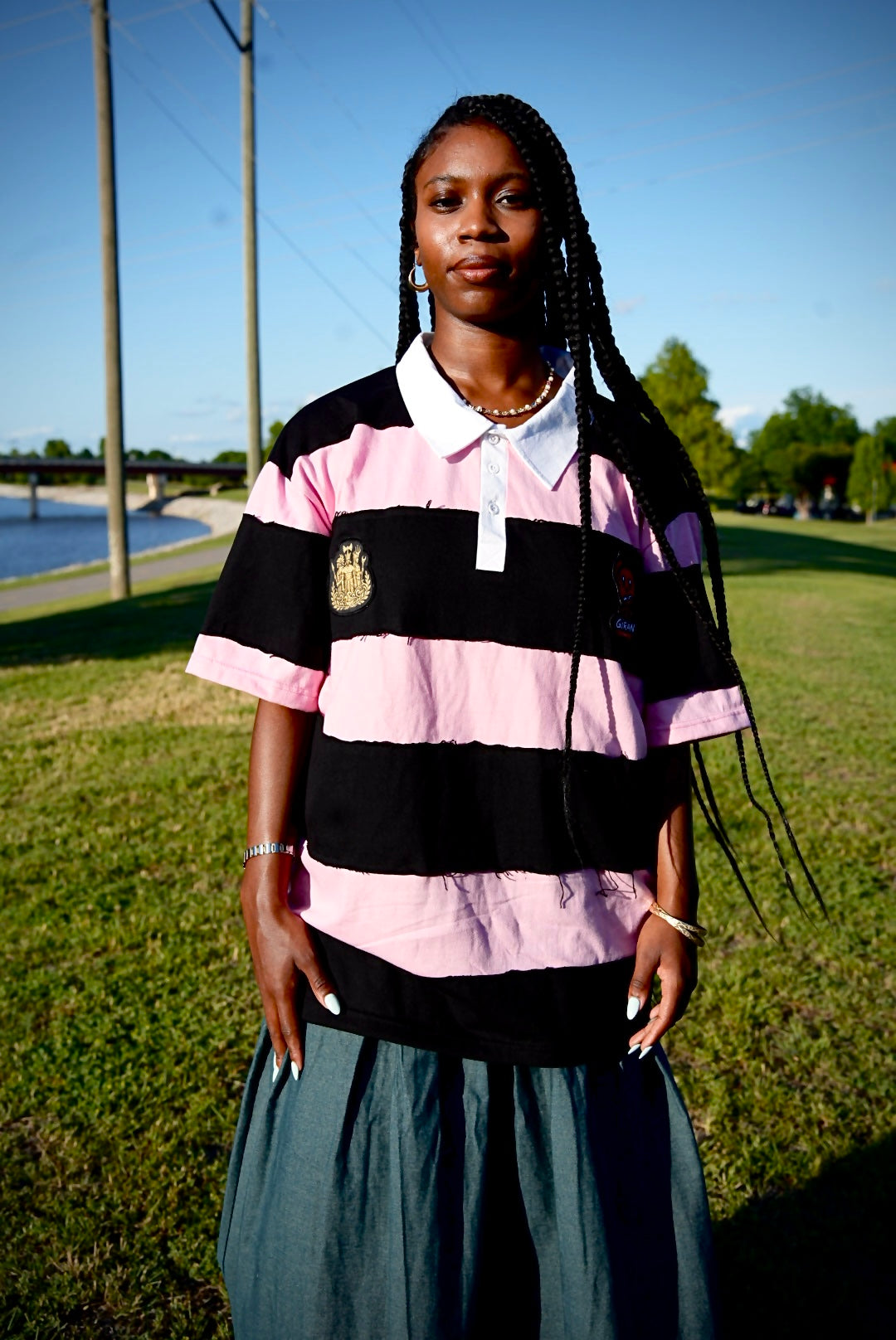 GÍRÁN Shortsleeved “Blush Rebellion” Distressed Rugby Short-sleeve Polo