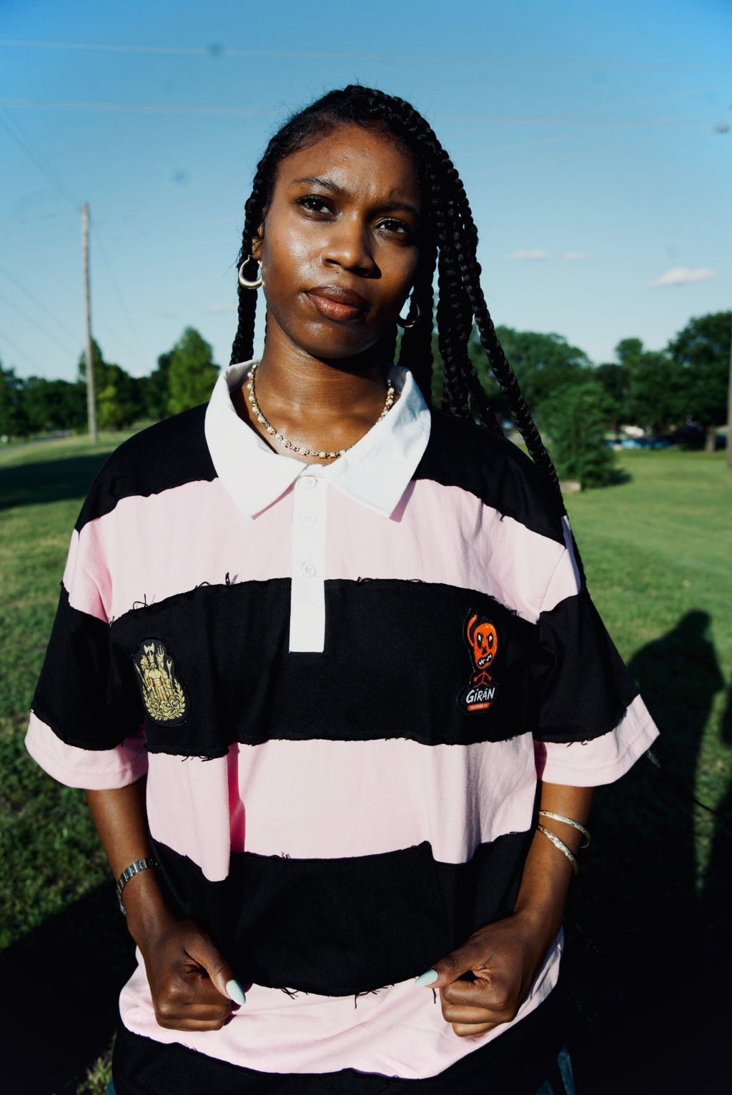 GÍRÁN Shortsleeved “Blush Rebellion” Distressed Rugby Short-sleeve Polo