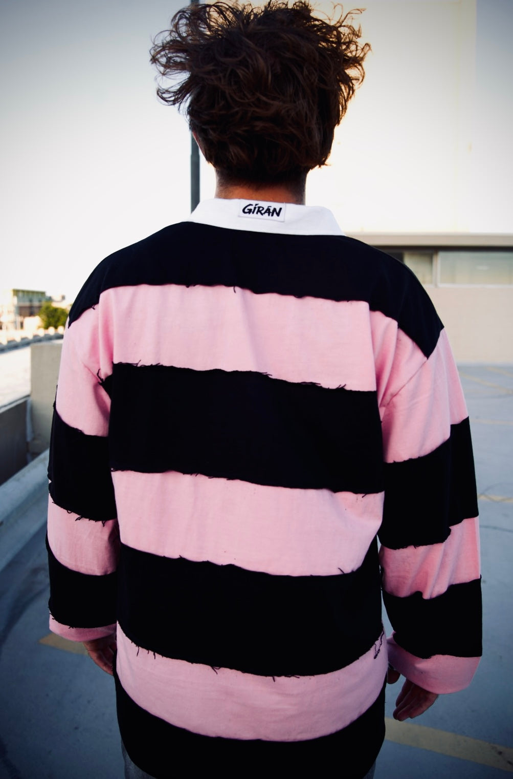 GÍRÁN “Blush Rebellion” Distressed Rugby Long-sleeve Polo