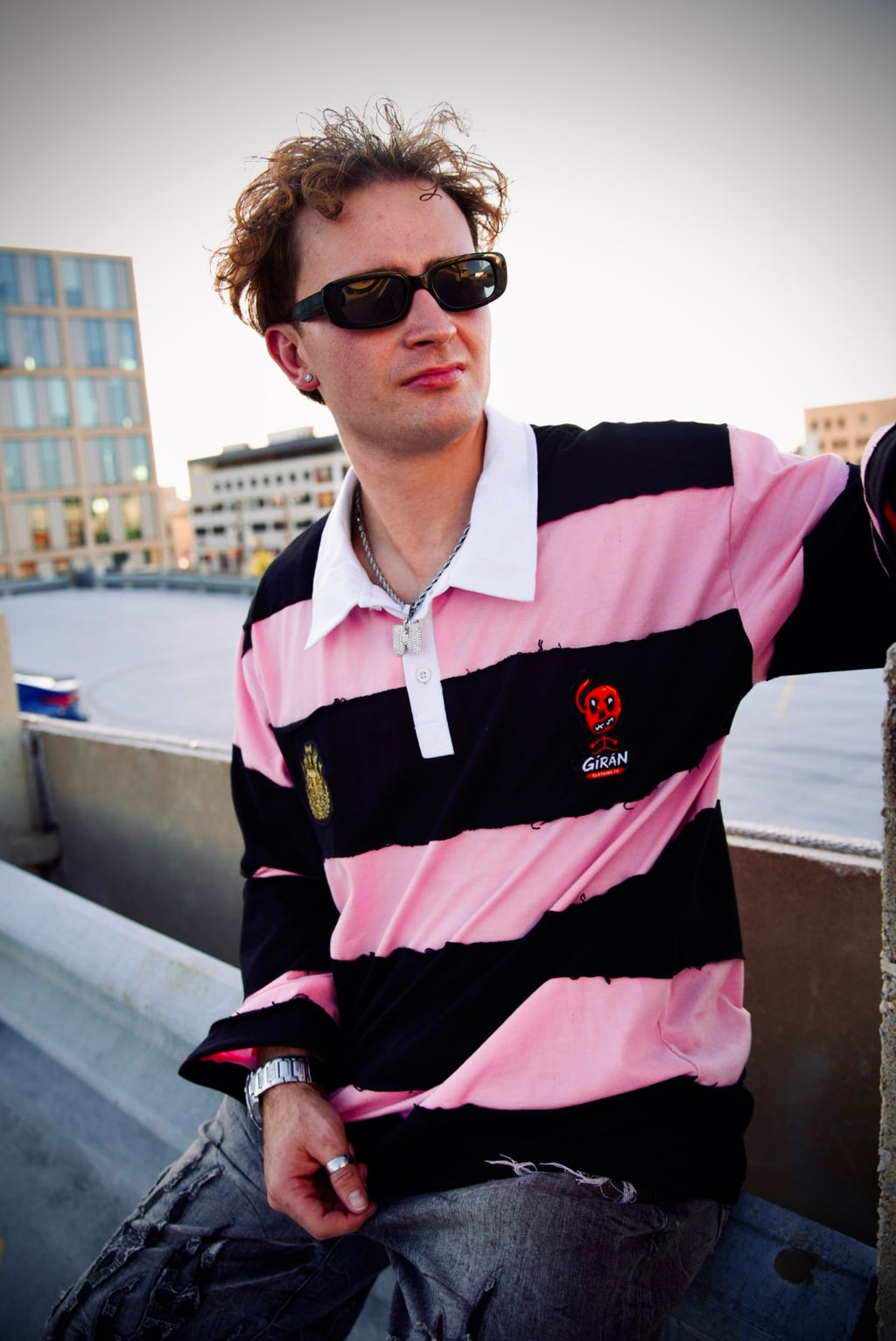 GÍRÁN “Blush Rebellion” Distressed Rugby Long-sleeve Polo