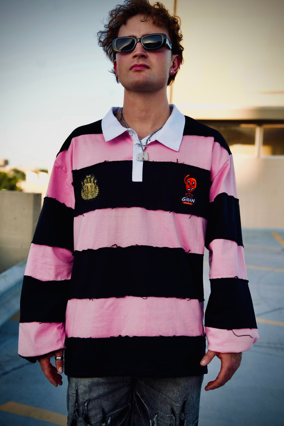 GÍRÁN “Blush Rebellion” Distressed Rugby Long-sleeve Polo